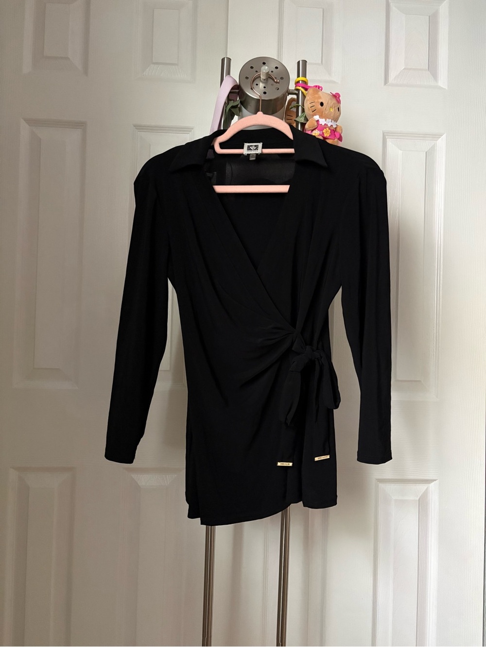 Anne Klein Black Wrap Blouse with Side Tie